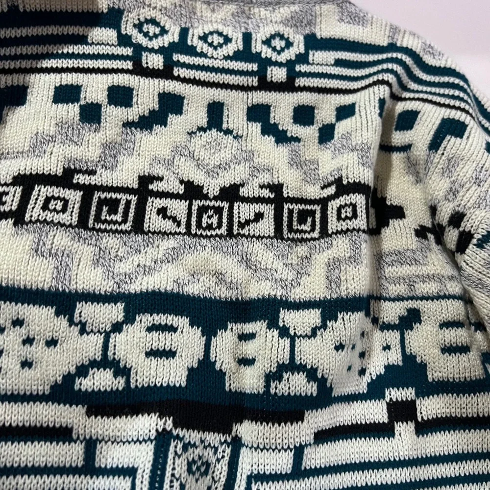 Vintage Expressions Mens Med Geometric Abstract Knit Sweater Teal Grey Coogi 90s